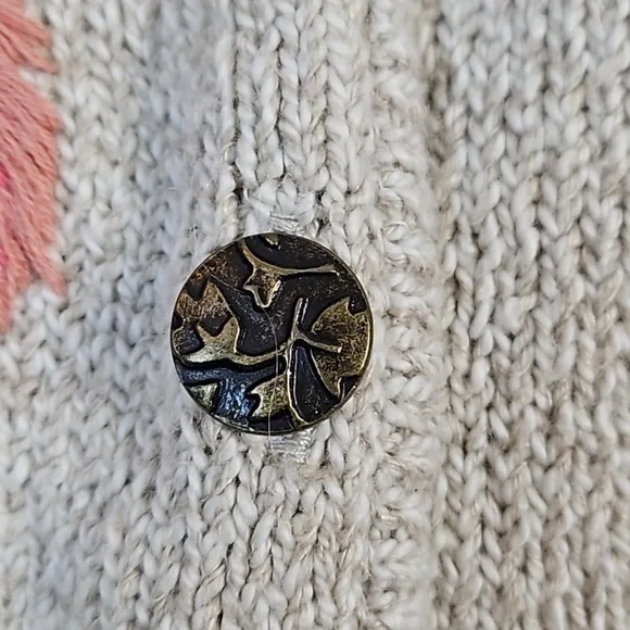 VTG Monterey by Koret Linen Cotton Knit Cream Cardigan w Embroidered Leaf Motif - Picture 7 of 16